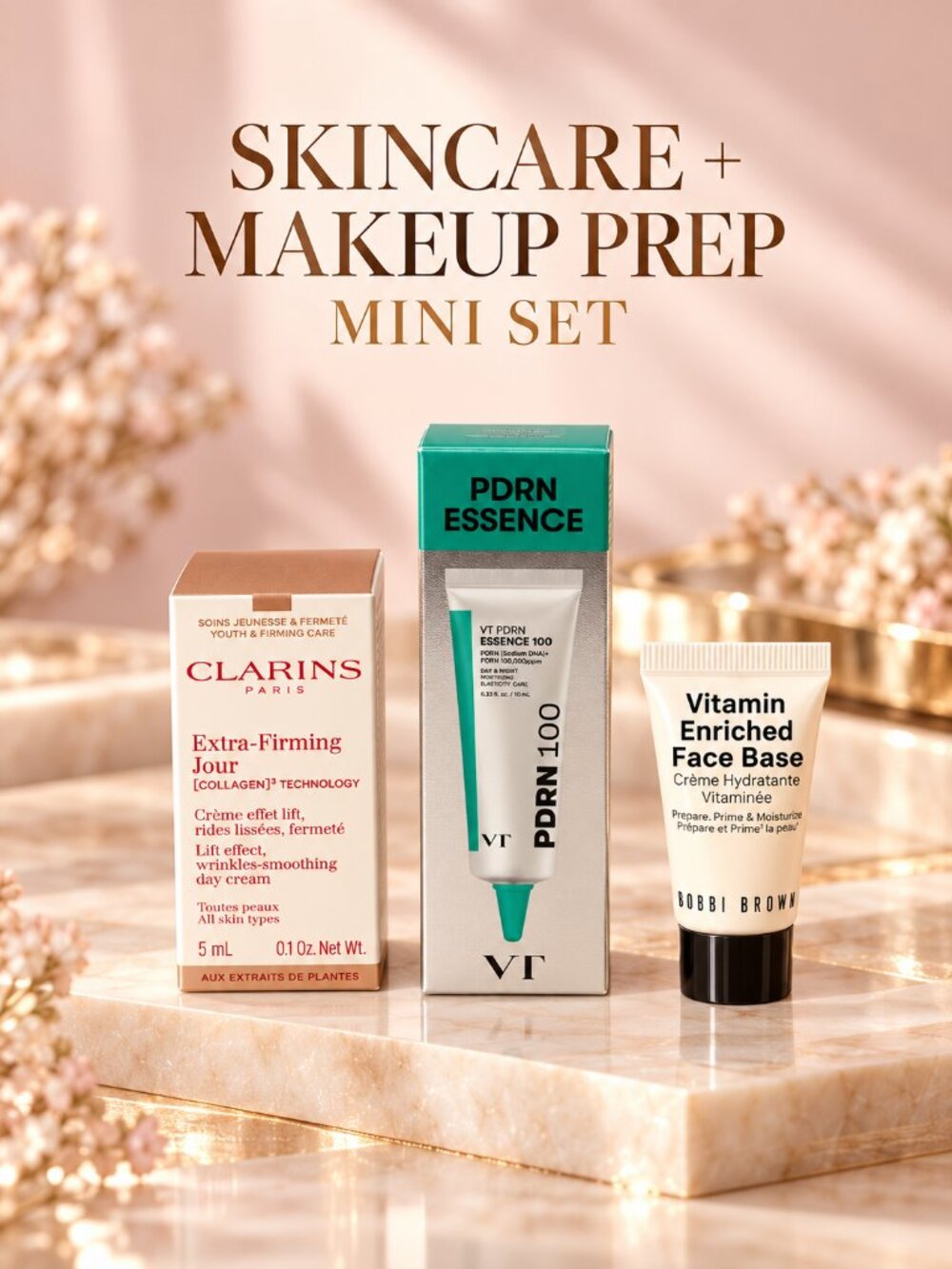 Clarins Extra-Firming Day Cream + VT PDRN Essence + Bobbi Brown Face Base Mini